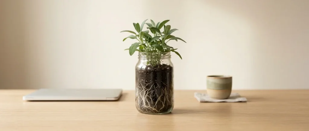 Plant in glazen pot met zichtbare wortels op een houten bureau