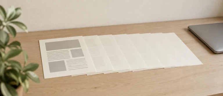 Rij papieren vellen die steeds vager worden, van een volle pagina tot een lege