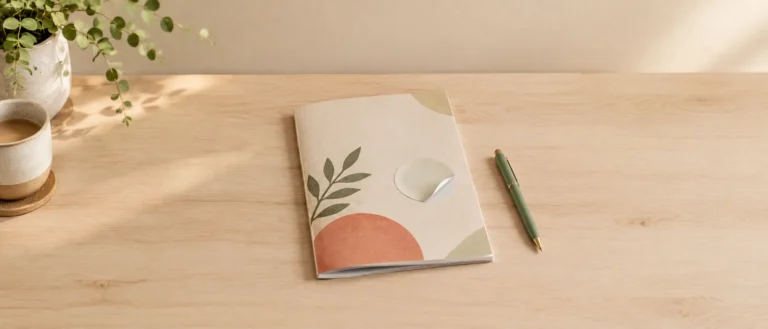 Boekje met half losgetrokken sticker en groene pen