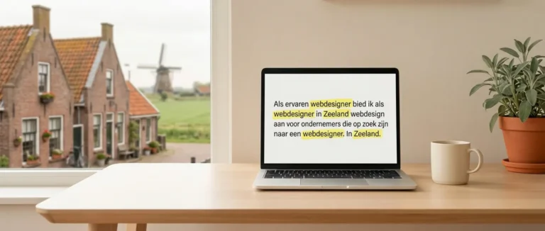 Laptop met tekst waarin webdesigner en Zeeland steeds geel gemarkeerd zijn, voor een raam met uitzicht op dorp en molen