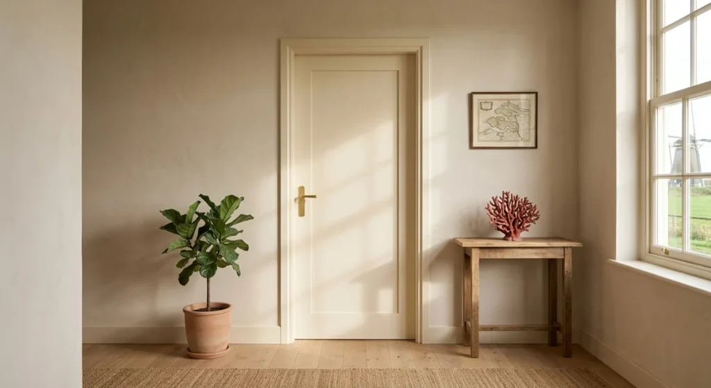 Gesloten cremekleurige deur in een lichte hal met een plant en een houten tafeltje