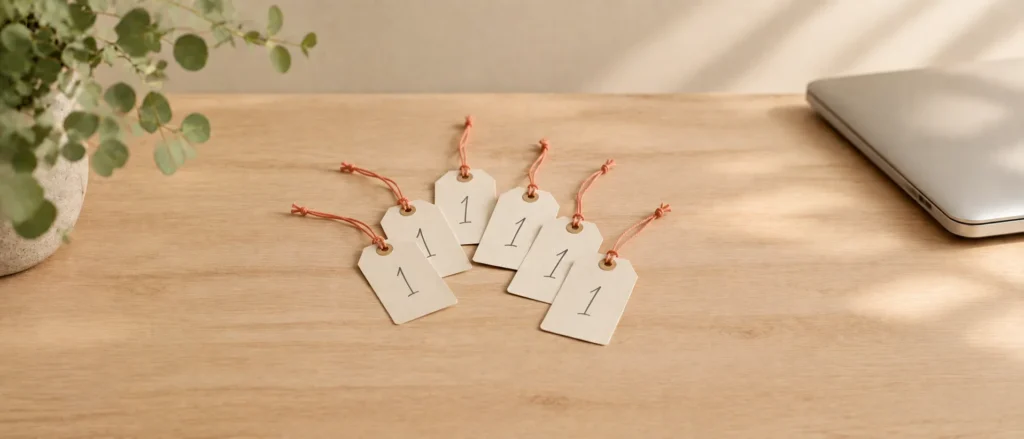 Zes labels met het cijfer 1 op een houten bureau