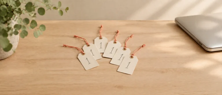 Zes labels met het cijfer 1 op een houten bureau