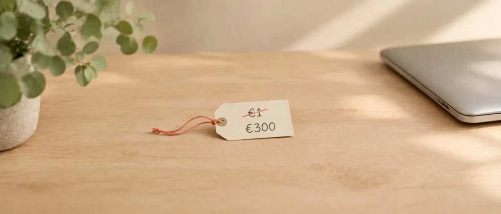 Prijskaartje met doorgestreepte 1 euro en 300 euro eronder, op een houten bureau