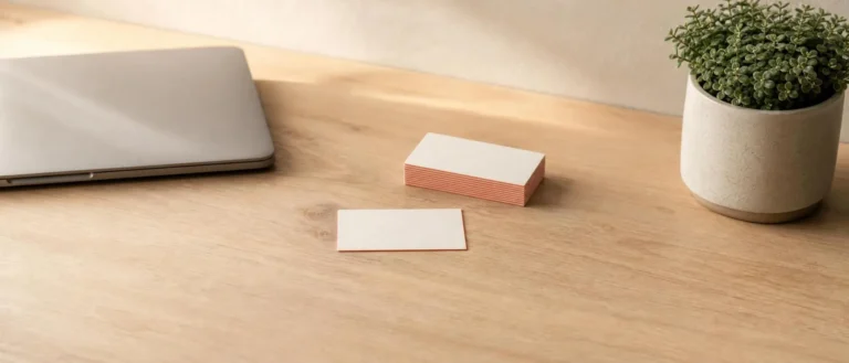 Leeg visitekaartje met koraalrode rand op een houten bureau