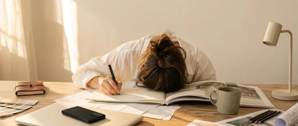 Mir met haar hoofd op een notitieboek aan een bureau vol papieren