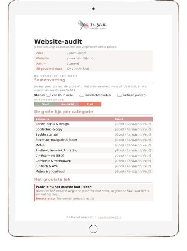 Het auditrapport op een tablet, met de samenvatting en de tien categorieën