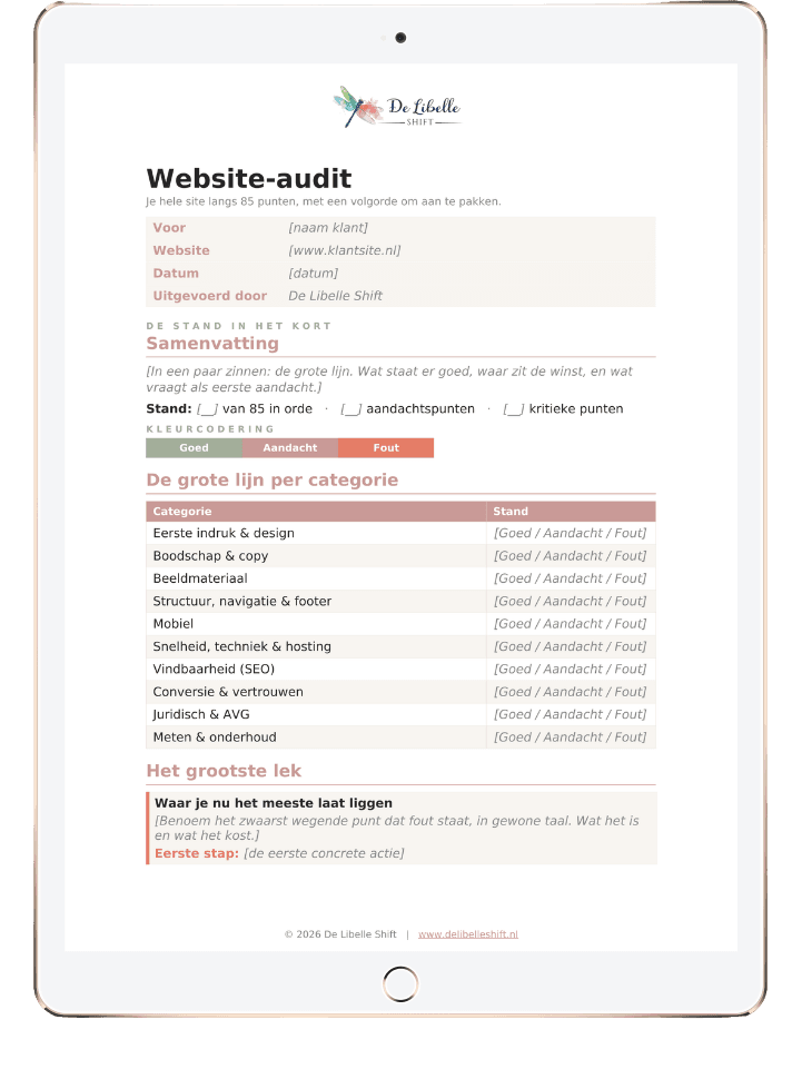 Het auditrapport op een tablet, met de samenvatting en de tien categorieën