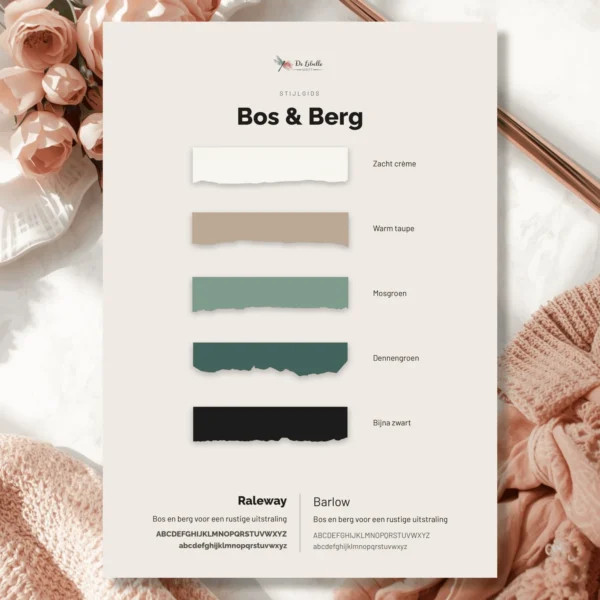 Cover van stijlgids Bos & Berg met een palet in zacht crème, mosgroen en dennengroen
