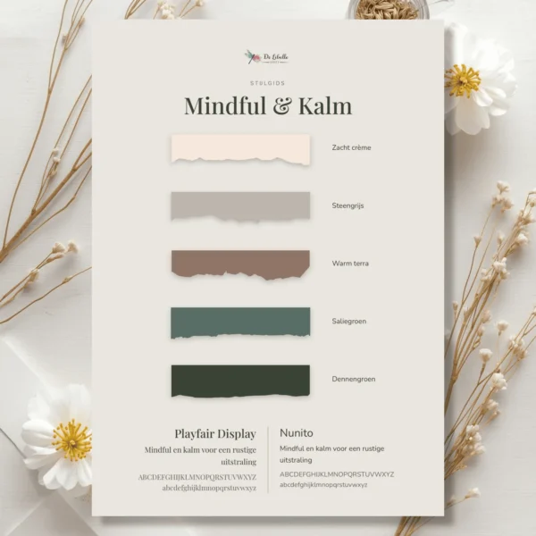 Cover van stijlgids Mindful & Kalm met een palet in zacht crème, warm terra en saliegroen