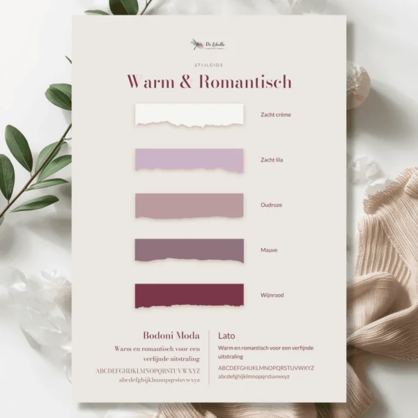 Cover van stijlgids Warm & Romantisch met een palet in zacht lila, oudroze en wijnrood