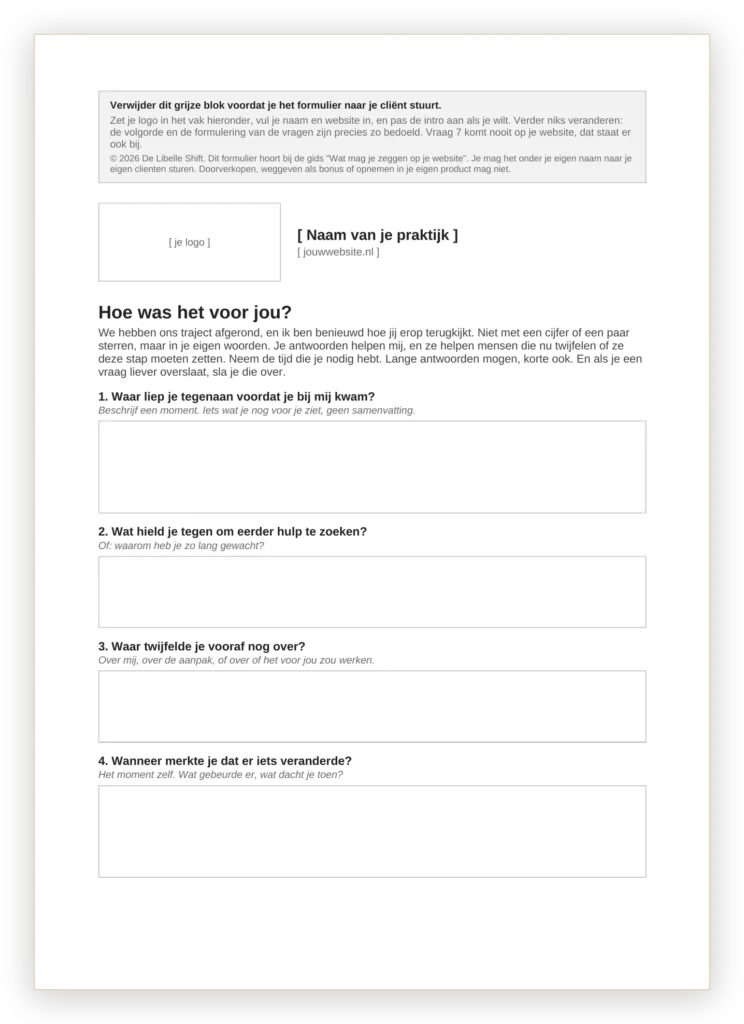 Het feedbackformulier uit de gids, met zeven vragen aan je client en een toestemmingsblok onderaan