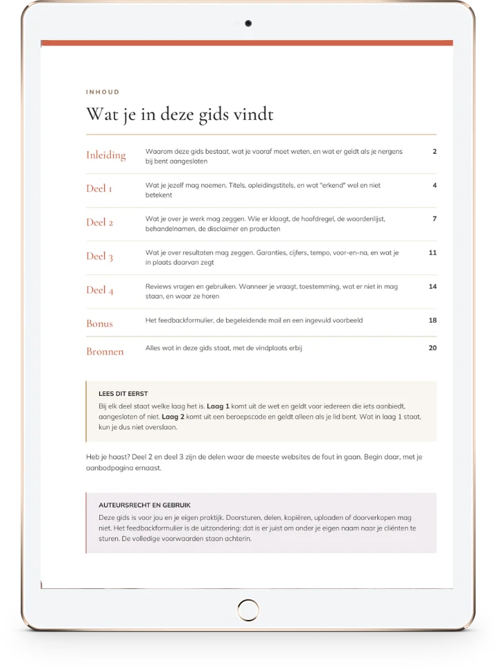 Inhoudsopgave van de gids Wat mag je zeggen op je website op een tablet, met de vier delen, de bonus en de bronnenlijst