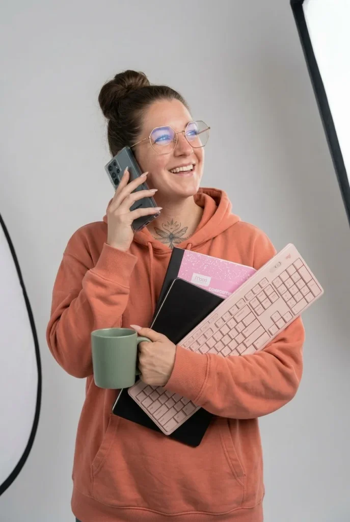 Miriam van Brouwershaven van De Libelle Shift lacht in een oranje hoodie terwijl ze belt, met een groene koffiemok in haar hand en een toetsenbord en notitieboeken onder haar arm