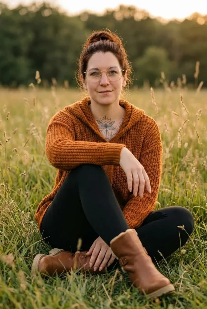Miriam van Brouwershaven van De Libelle Shift zit in een oranje gebreid vest en zwarte legging in het hoge gras in de avondzon