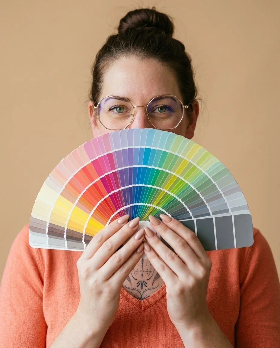 Miriam van Brouwershaven van De Libelle Shift houdt in een oranje trui een uitgeklapte kleurenwaaier voor haar mond en kijkt er lachend overheen