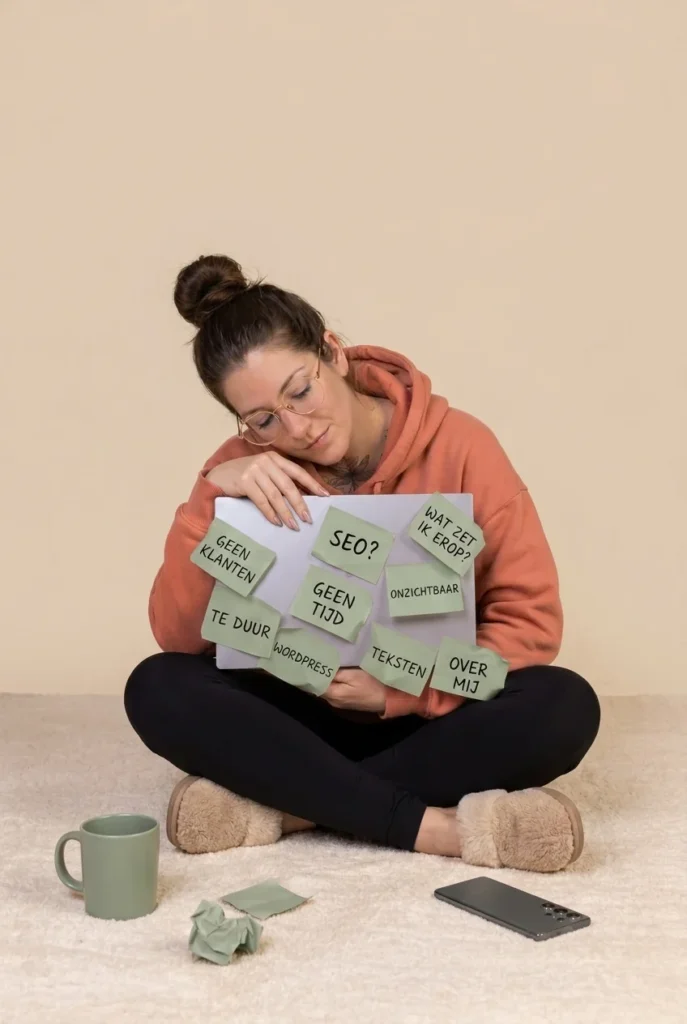 Miriam van Brouwershaven van De Libelle Shift zit in kleermakerszit op de grond met een laptop vol post-its met teksten als geen klanten, SEO, geen tijd, te duur en onzichtbaar