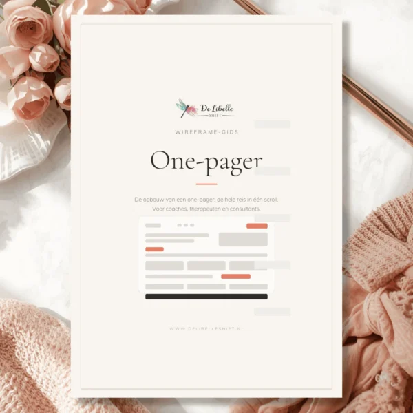 Cover van de wireframe-gids One-pager van De Libelle Shift, gestileerd op een flat-lay met rozen.