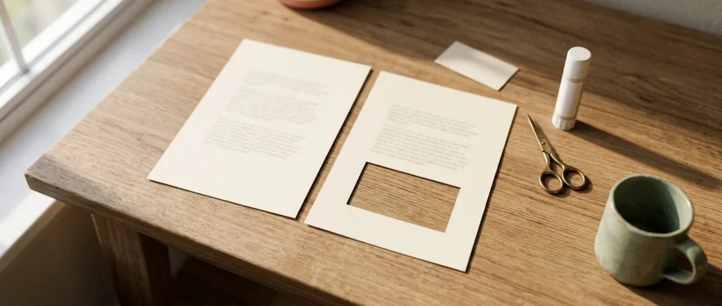 Twee identieke vellen papier naast elkaar op een houten bureau, met een uitgeknipt stuk tekst, een schaar en een lijmstift ernaast