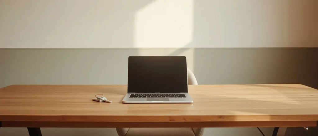 Laptop en sleutels op een houten bureau