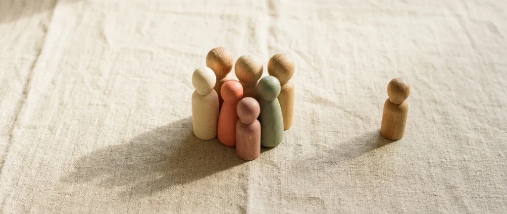 Houten opstellingsfiguurtjes op een linnen tafelkleed, waarvan één figuurtje op afstand van de groep staat
