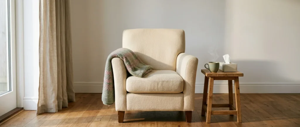 Een comfortabele fauteuil met een deken, een kop thee en een doos tissues op een bijzettafel in een rustige praktijkruimte
