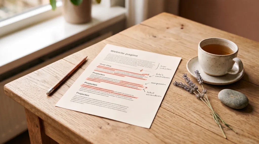 Uitgeprinte webpagina op een houten tafel met koraalkleurige markeringen en handgeschreven notities, naast een kop thee, lavendel en een kiezelsteen