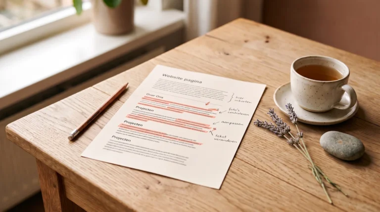 Uitgeprinte webpagina op een houten tafel met koraalkleurige markeringen en handgeschreven notities, naast een kop thee, lavendel en een kiezelsteen