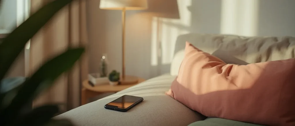 Woonkamer in avondlicht met telefoon op de bank