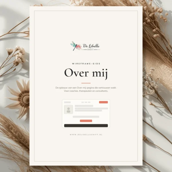 Cover van de Wireframe-gids Over mij, met de opbouw van een Over-mij-pagina voor coaches en therapeuten