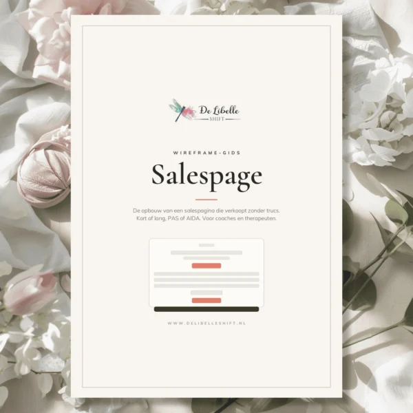 Cover van de Wireframe-gids Salespage, met de opbouw van een salespagina voor coaches en therapeuten