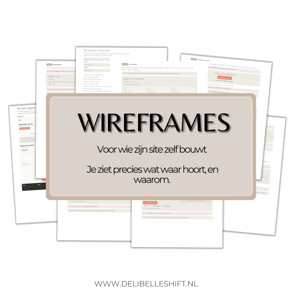 Mockup van de wireframe-gidsen van De Libelle Shift met uitgewaaierde pdf-pagina's die de opbouw van een webpagina laten zien.